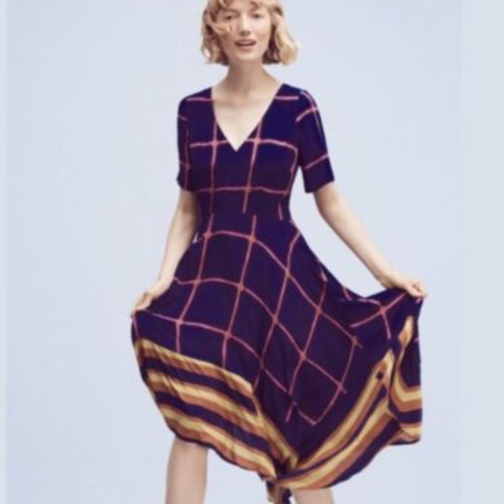 Anthropologie HD in Paris Dress Blue Midi Handkerchief Hem V-neck sz 12